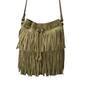 PATRICIA NASH Olive Green Fringe Suede Crossbody Bucket Bag
